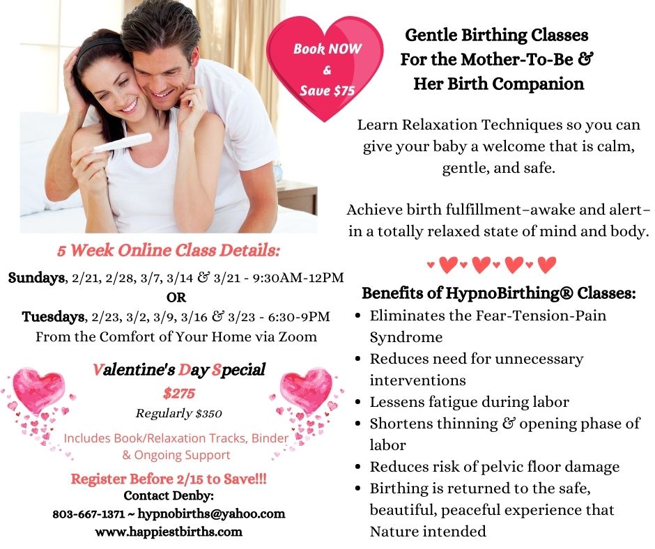 A couple is smiling for the camera and text reads " gentle birthing classes for the mother-to-be & her birth companion ".